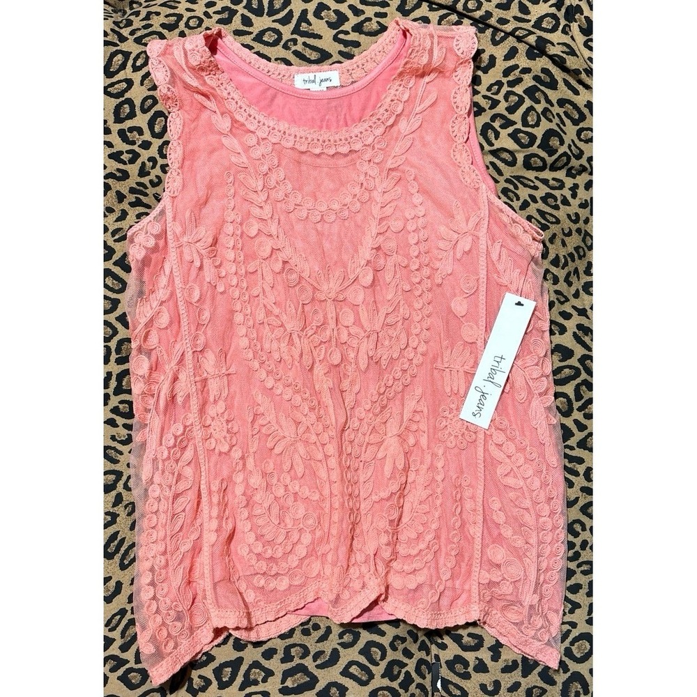 NEW Tribal Jeans Women's Peach All Over Lace Overlay Sharkbite Hem Tank, Medium